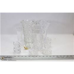 9 VARIOUS CRYSTAL GLASS VASES,CREAM + SUGAR ETC