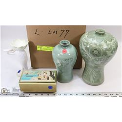 2 ORIENTAL VASES, STORK FIGURINE AND JAPANESE