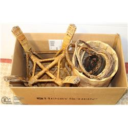 LOT OF WICKER BASKETS AND A STOOL