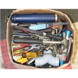 LARGE BOX OF ASSORTED SHOP TOOLS & SUPPLIES