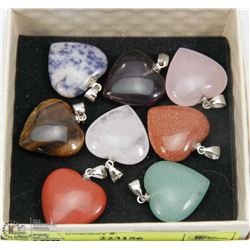 LOT OF 8 HEART SHAPED SEMI PRECIOUS PENDANTS.