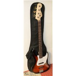 SQUIRE FENDER J BASS GUITAR WITH CASE.