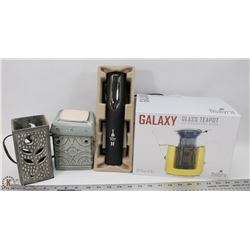 NEW GLASS TEAPOT, WINE OPENER, WAX MELTER