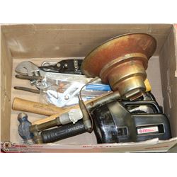 BOX OF TOOLS , PROPANE HEATER AND FLASHLIGHT