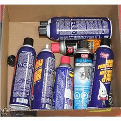 BOX FULL OF MOSTLY  NEW AUTOMOTIVE SHOP FLUIDS