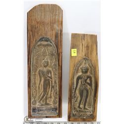 PAIR OF WOOD AND METAL ORNAMENTS