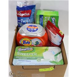 BOX W/NEW CLEANING PRODUCTS INCL. TIDE