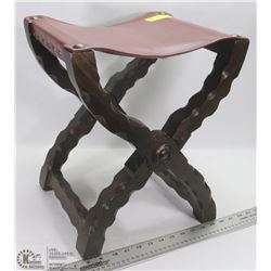 ESTATE FOLDING WOOD AND LEATHER STOOL