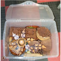 ESTATE TOTE WITH ASSORTED WOOD CARVINGS