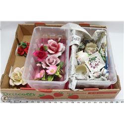 ESTATE BOX OF PORCELAIN FLOWER ORNAMENTS