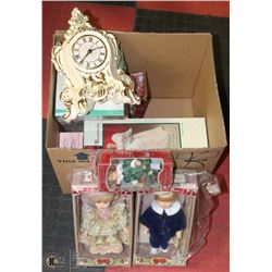 BOX OF PORCELAIN PETITS, MANTLE CLOCK AND MORE