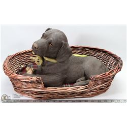 LARGE CERAMIC DOG IN BASKET SIGNED SANDRA BRUE