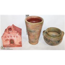 3 POTTERY ORNAMENTS AND PLANTERS