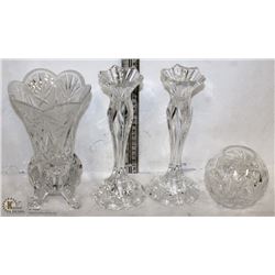 4PC CRYSTAL PCS. INCL VASE, TALL CANDLE HOLDERS