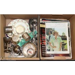 2 BOXES WITH VINTAGE ORNAMENTS AND MAGAZINES
