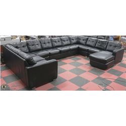 MASSIVE BLACK LEATHER 11 SEATER CHAISE LOUNGE
