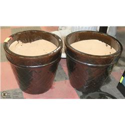2 BLACK CERAMIC PLANTERS 18" TALL.