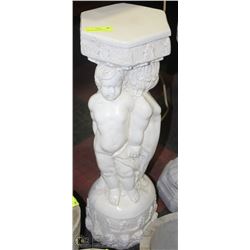 VINTAGE CEMENT PEDESTAL - WHITE WITH CHERUB