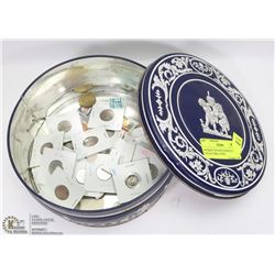 ANTIQUE TIN WITH ASSORTED COLLECTIBLE COINS.