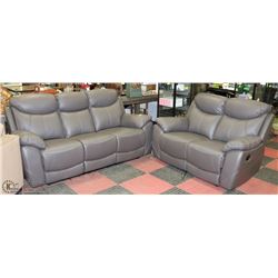 NEW GREY GENUINE LEATHER RECLINING 74" CONSOLE