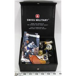 SWISS MILITARY CHEST OF  JEWELRY AND COIN INCL