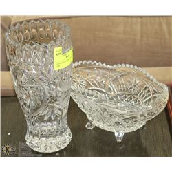 2 CRYSTAL FOOTED CANDY DISH & VASE