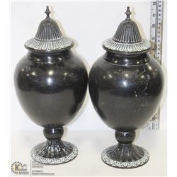 2 BLACK LIDDED METAL URNS 14" TALL 6" WIDE