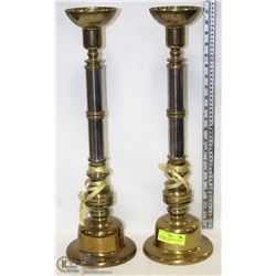2 BRASS & SILVER HEAVY CANDLE HOLDERS 22" TALL