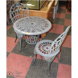 ORNATE CAST IRON PATIO TABLE & 2 CHAIRS.