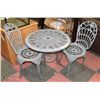 Image 2 : ORNATE CAST IRON PATIO TABLE & 2 CHAIRS.