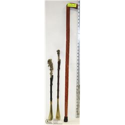 CARVED WOOD CANE W/ 2 SHOE HORNS MADE IN ITALY.
