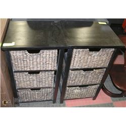 LOT OF TWO 3 DRAWER BLACK WOOD & WICKER BASKET