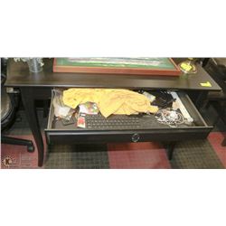 BLACK WOOD DESK WITH DRAWER & CONTENTS