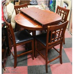 WOOD BAR TABLE WITH 4 BAR STOOLS