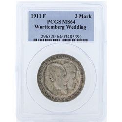1911F Germany 3 Marks Wurttemberg Wedding Coin PCGS MS64