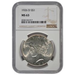 1926-D $1 Peace Silver Dollar Coin NGC MS63