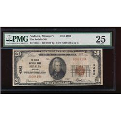 1929 $20 Sedalia Missouri Nation Bank Note PMG 25