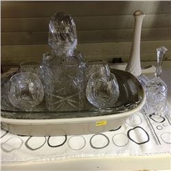 Trays: Crystal Decanter Set & Fenton Vase & Fancy Dinner Bell