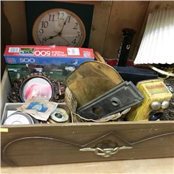 Drawer Lot: Jewellery Box, Barometer, Talk O Phone Bank, Clock, Brass Wall Pockets, etc