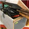 Image 1 : Wooden Box w/Saws, Cords, Caulking Gun, Hammers, etc