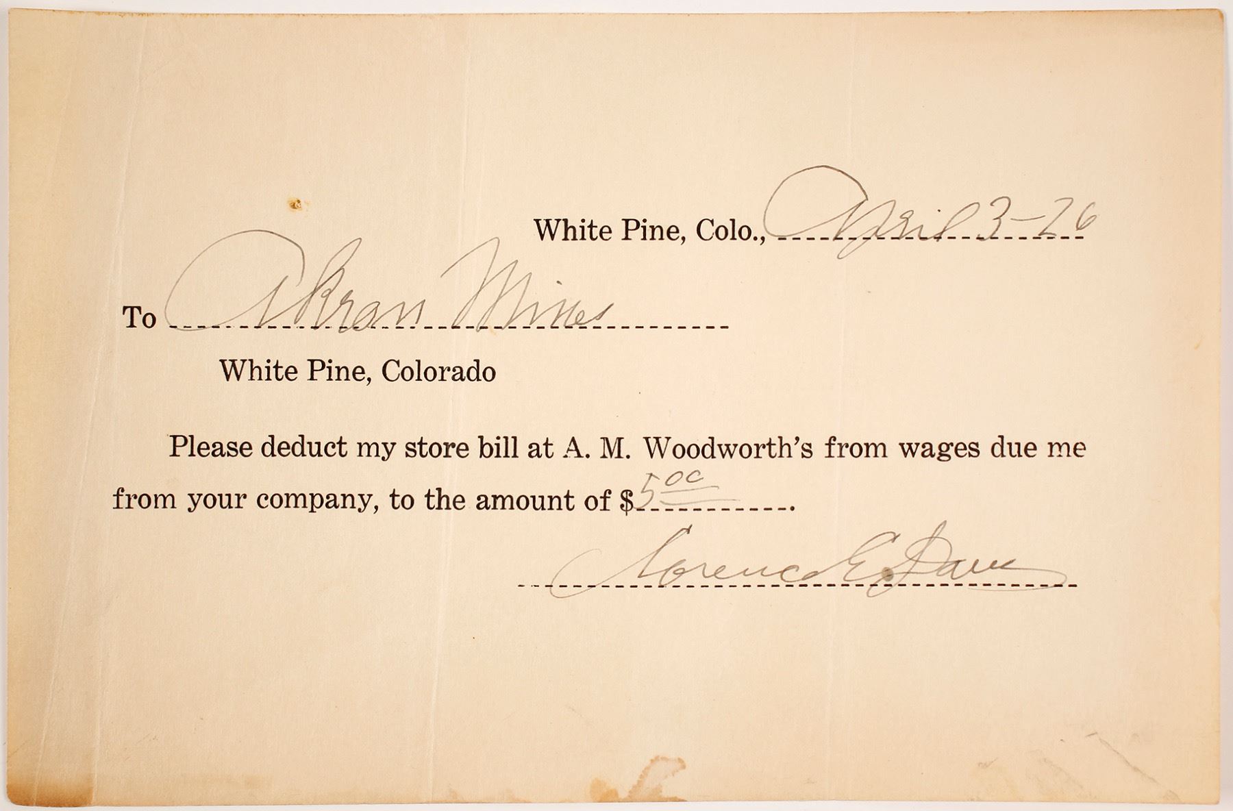 White Pine, Colorado Scrip for a Miner (Colorado Ghost Town)