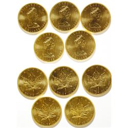 Five One-Ounce 1980 Canadian Gold Maple Leaf Coins, Uncirculated 999