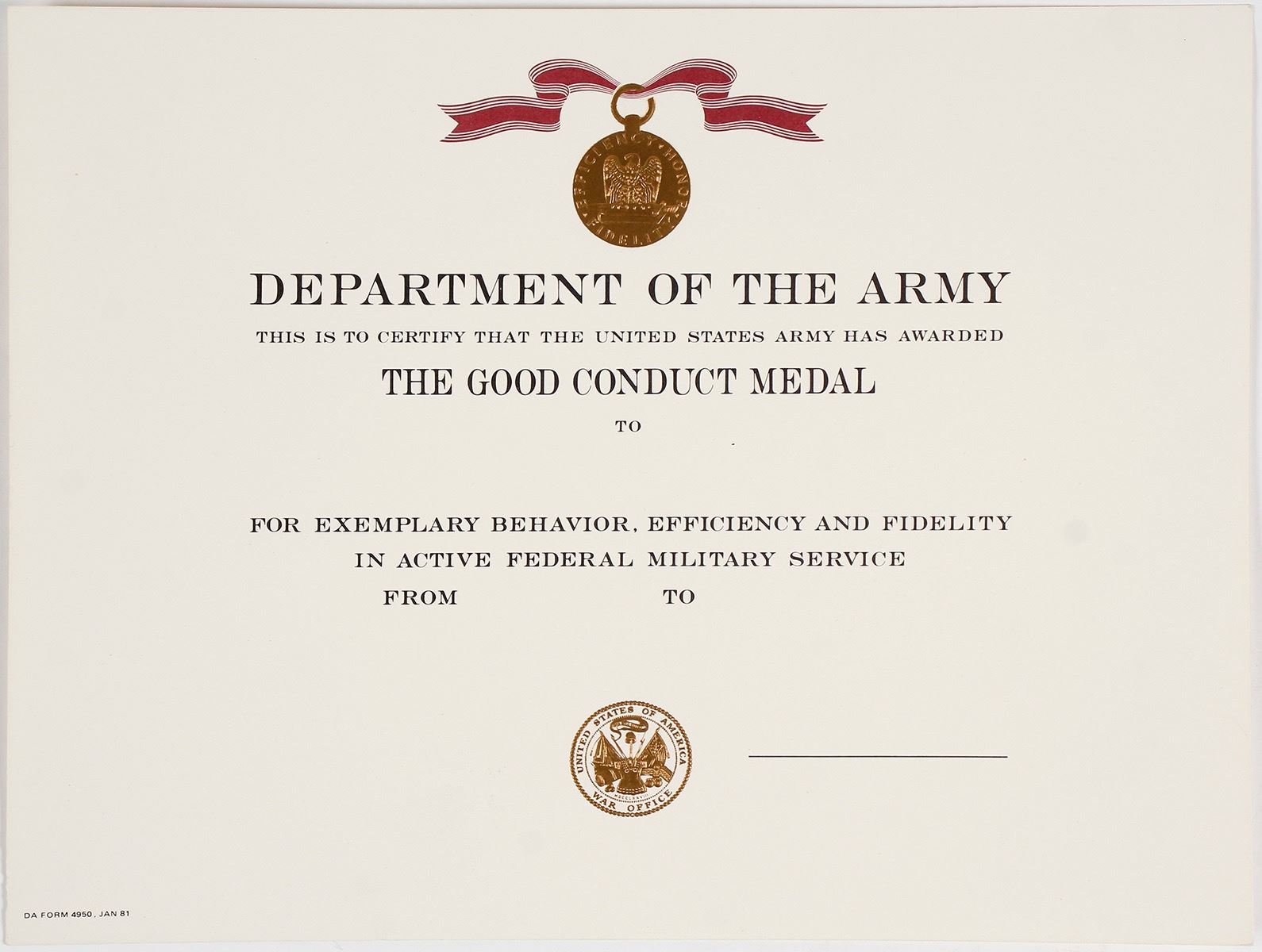 Army Good Conduct Medal Certificate Army Good Conduct Medal Certificate