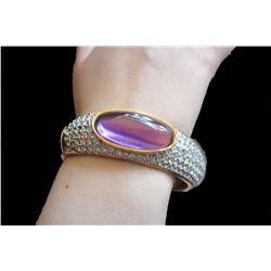 Purple Crystal Bracelet Hinged Bangle Rhinestone Goldtone