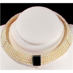 Freshwater Pearl / Onyx Sterling Silver Necklace 16" W/ Gift B