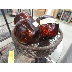 3 Amber Glass Floats in Wire Basket