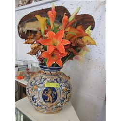 Large Ceramic Vase with Faux Flower Arrangement