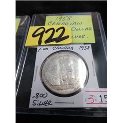 1958 Canadian Silver Dollar Coin - .800 Silver