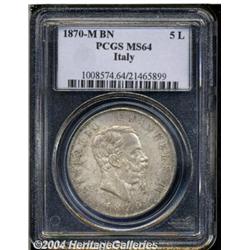 Kingdom. Vittorio Emanuele II 5 Lire 1870-M BN,