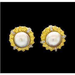 0.58 ctw Diamond and Pearl Earrings - 18KT Yellow Gold